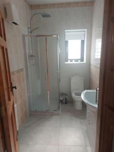 科克Castle Chalets的带淋浴、卫生间和盥洗盆的浴室
