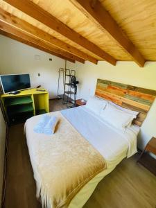 里坎雷Pucura Eco Lodge的一间卧室配有一张床和一张书桌及电视