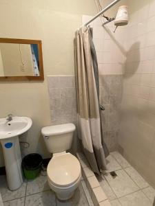 危地马拉Hotel Malybu的浴室配有卫生间、盥洗盆和淋浴。