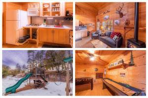 佩森Cabin#2 Elk Hallow - Pet Friendly - Sleeps 6 - Playground & Game Room的一张带滑梯的小屋的三张照片