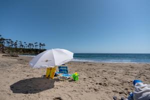 拉古纳海滩Art Hotel Laguna Beach的海滩上的一把椅子和一把遮阳伞
