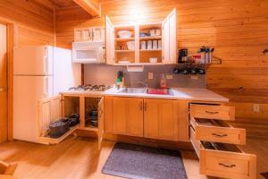 佩森Cabin #3 Rainbow Trout - Pet Friendly- Sleeps 6 - Playground & Game Room的厨房配有木制橱柜和白色冰箱。