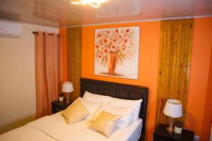 Escappé Suites的一间卧室设有橙色墙壁和一张带两盏灯的床。