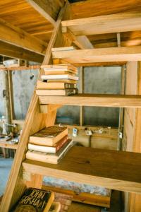 El Paredón Buena VistaCasa Austera的木架上的书堆