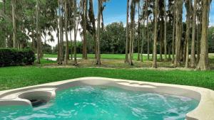 卫斯理堂7 Room TampaGolfVillas by AmericanVacationliving的树木繁茂的田野中间的游泳池