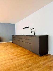 埃森Lofts V26的一间空厨房,配有水槽和木地板