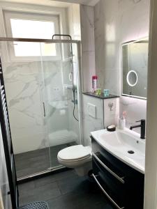 布鲁塞尔斯提恩农公寓的带淋浴、卫生间和盥洗盆的浴室