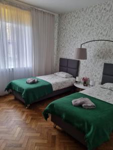 格丁尼亚Apartament na Żeromskiego的一间卧室配有两张带绿床单的床