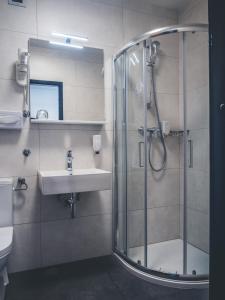 新戈里察Sabotin, Hotel & Restaurant的带淋浴和盥洗盆的浴室