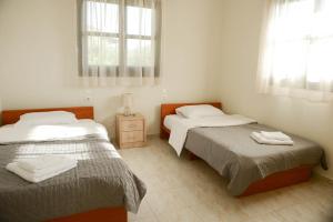 AnomeriáPerfetto Country House - Myrtos View的一间卧室设有两张床和两个窗户。