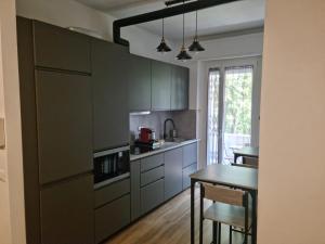 米兰Da Nord a Sud - Affittacamere "Guest house"的厨房配有灰色橱柜、桌子和用餐室。