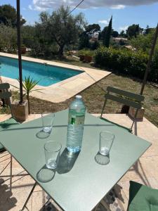 土伦Hauteurs de Toulon : Charmant studio piscine的桌子上摆放着一瓶水,带眼镜