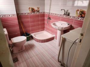 马特鲁港شقه الهاني的粉红色的浴室设有卫生间和水槽