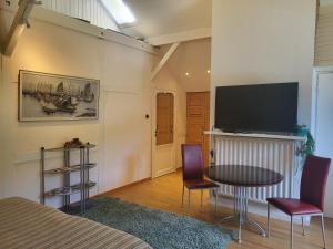 Alferstegdie alte schule-studio的一间卧室配有桌椅和一台平面电视。