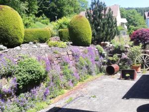 Ferienwohnung Traumblick的一座种有紫色花卉和石墙的花园