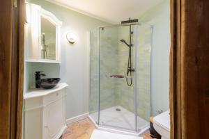 罗什莫尔La Tour Des Remparts的浴室设有玻璃淋浴间和卫生间