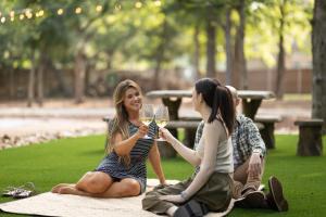 奥斯汀7744 Ranch Glamping Resort的两个女人坐在野餐毯上,喝杯酒