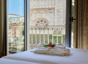巴利亚多利德奈克萨斯巴利亚多利德套房酒店的坐在窗前床边的毛巾