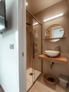 里米尼Villa Maldestra的一间带水槽和淋浴的浴室
