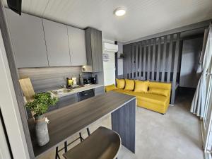 梅特利卡BIG BERRY Kolpa - MerryBerry mobile house的厨房以及带黄色沙发的客厅。