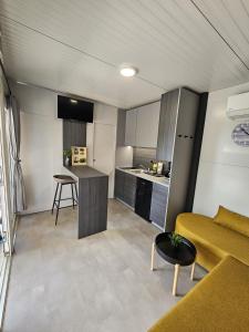 梅特利卡BIG BERRY Kolpa - MerryBerry mobile house的一间带黄色沙发的客厅和一间厨房