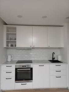 克莱佩达City center apartment的白色的厨房配有白色橱柜和水槽