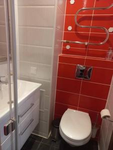 克莱佩达City center apartment的一间带卫生间和红色墙壁的浴室