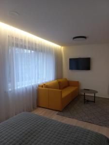 克莱佩达City center apartment的客厅配有黄色沙发和电视