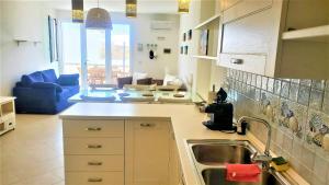 莱乌卡贝尔维尤公寓式酒店的一个带水槽的厨房和一间客厅