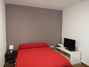 布尔哈索特PISO 4 HABITACIONES BURJASOT的一间卧室配有一张红色的床和一张带电视的书桌。