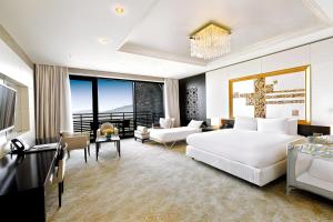 沙达格Shahdag Hotel & Spa的一间带大床的卧室和一间客厅