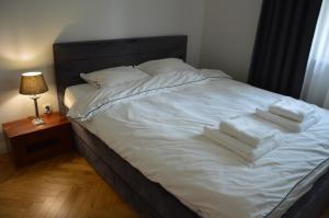 托伦Almi Apartment, Villa Moderno z podziemnym parkingiem的一张带白色床单和毛巾的床