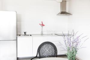里加Skanstes Apartment Free Parking的厨房配有桌椅和冰箱。