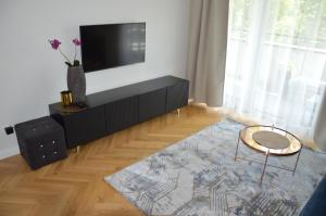 托伦Almi Apartment, Villa Moderno z podziemnym parkingiem的客厅配有平面电视和桌子。