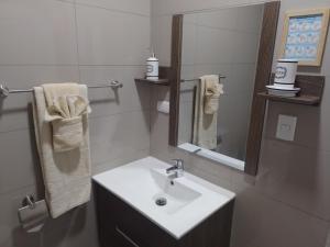兰卡瓜Apart Hotel Campos Rancagua的浴室配有盥洗盆、镜子和毛巾