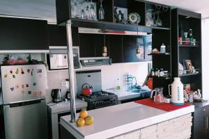 普诺Departamento: Mirador de Puno.的厨房配有黑色橱柜和白色冰箱。