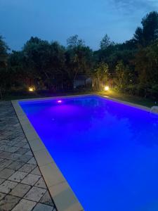 德拉吉尼昂Le Mas du Sud的夜晚带灯光的蓝色游泳池