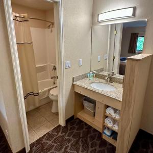 格兰德莱克Spirit Lake Lodge的一间带水槽、卫生间和镜子的浴室