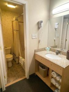 格兰德莱克Spirit Lake Lodge的一间带水槽、卫生间和镜子的浴室