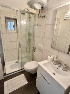 洛夫兰Apartment JURIĆ的带淋浴、卫生间和盥洗盆的浴室