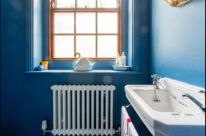 波特兰Brackenbury House的浴室设有蓝色的墙壁、暖气和窗户。