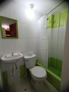 卡哈马卡Hotel la encantada的一间带卫生间和水槽的小浴室