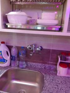 Al Ḩammādشاليه سياحي بمارينا دلتا لاجونز المنصورة الجديدة的厨房柜台设有水槽、盘子和水瓶