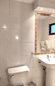 安托法加斯塔Hostal valle de la luna的一间带卫生间、水槽和镜子的浴室