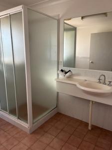 福斯特福斯特棕榈树汽车旅馆的一间带水槽和镜子的浴室