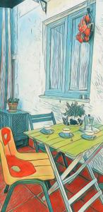 卡塔尼亚密优豪姆公寓的一个带桌子和椅子的用餐室的画