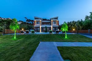 佩科霍里Assos Luxury Villas的院子里两棵棕榈树的房子