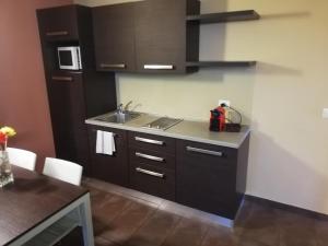 卡萨莱蒙费拉托环保公寓酒店的厨房配有棕色橱柜、水槽和桌子