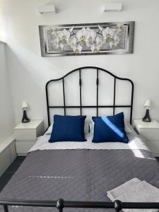 华沙Coser Apartamenty Centrum的一间卧室配有一张带蓝色枕头的大床