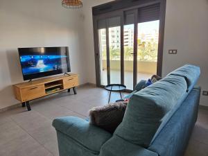 阿勒纳勒斯德尔索尔Happy Place Apartament的客厅配有蓝色的沙发和平面电视。